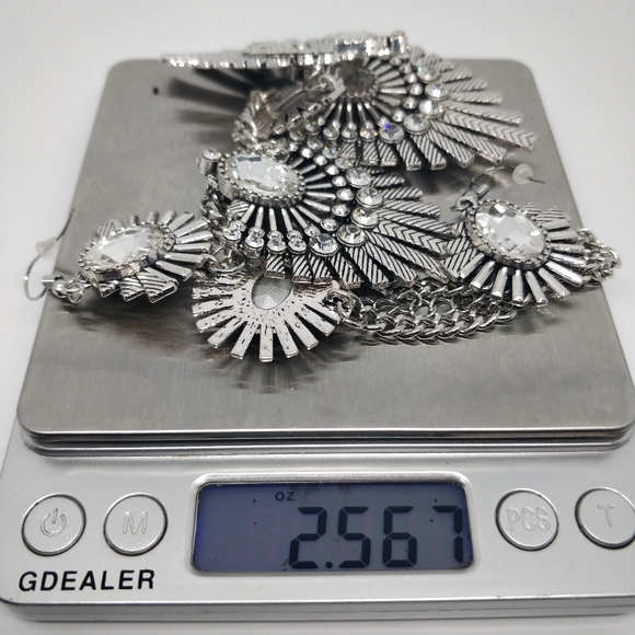 Necklace Earring Set Bib Statement Costume Glam Silver Tone - Picture 10 of 10